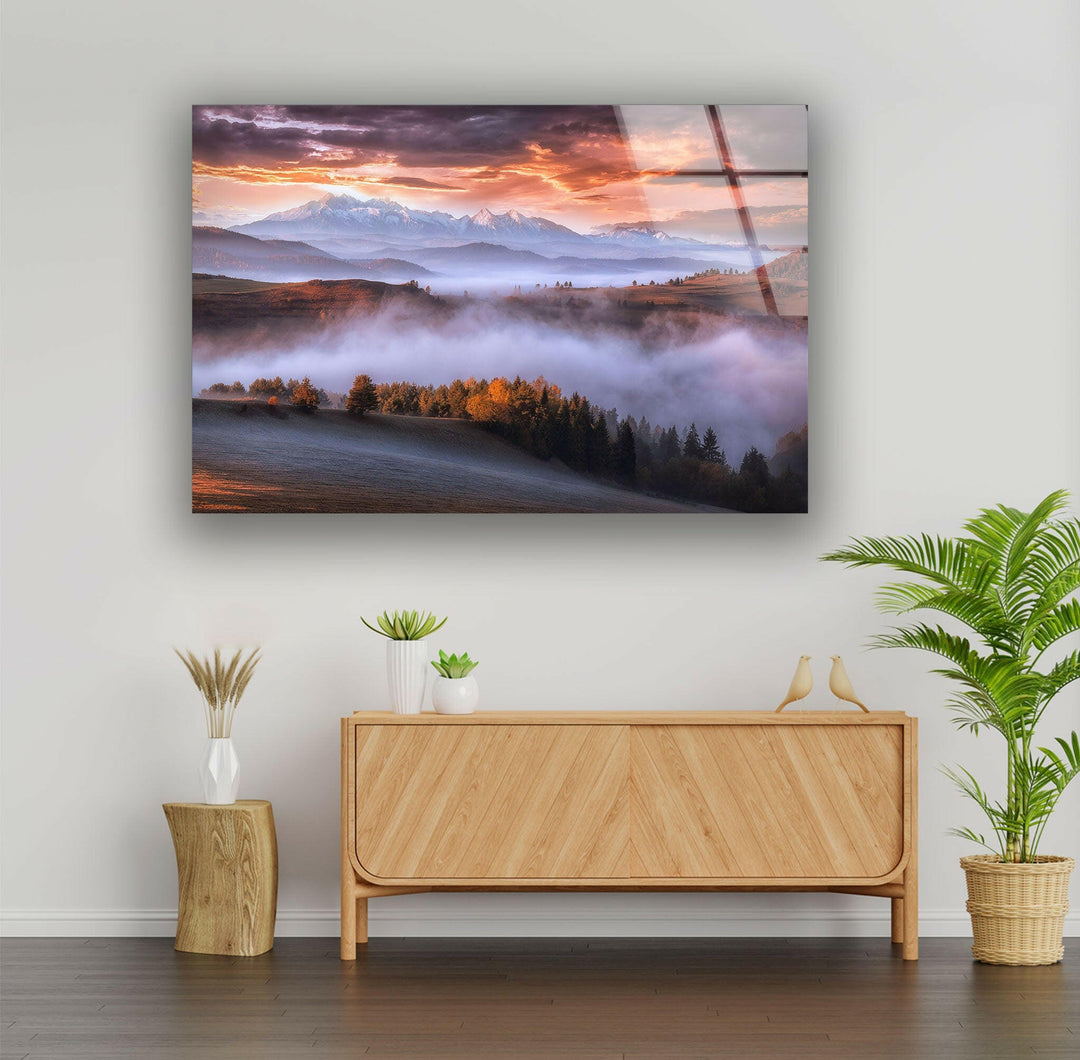 Foggy Sunrise Mountain Glass Wall Art glass photo prints, glass picture prints