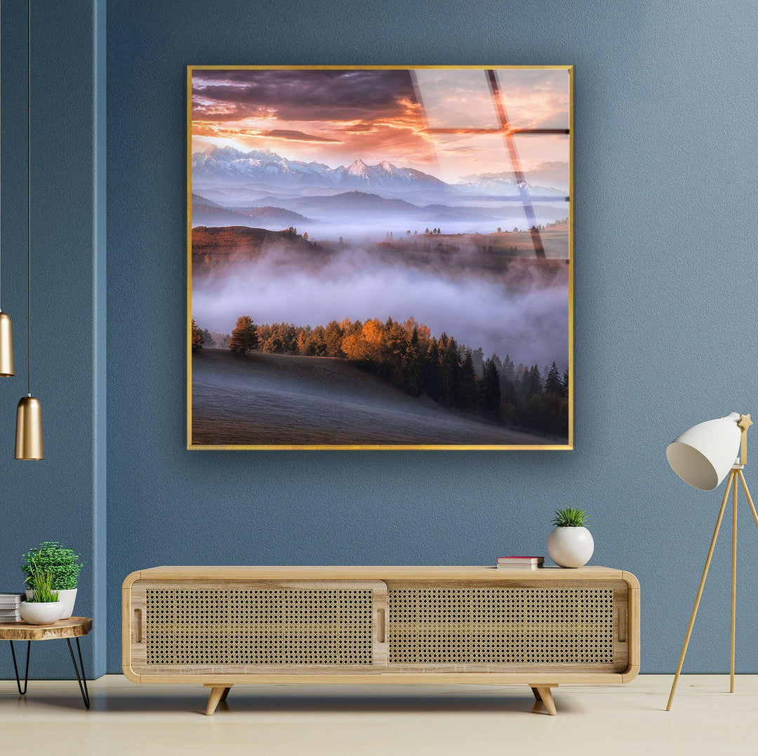 Foggy Sunrise Mountain Glass Wall Art large glass photo prints, glass wall photos