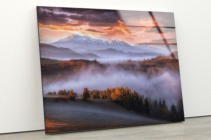 Foggy Sunrise Mountain Glass Wall Art glass pictures for Wall, glass prints wall art