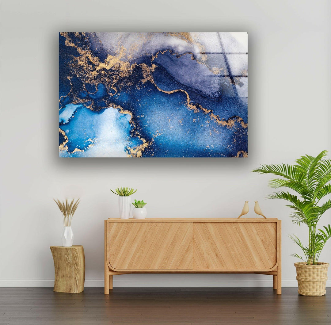 Blue and Gold Alcohol ink Glass Wall Art - Personalize your home with Custom Glass Pictures and Prints. Our glass photo prints for walls offer a unique way to display cherished memories. Explore modern glass wall art and elegant glass frames picture options. Shop now for high-quality, vibrant wall decor with free shipping.