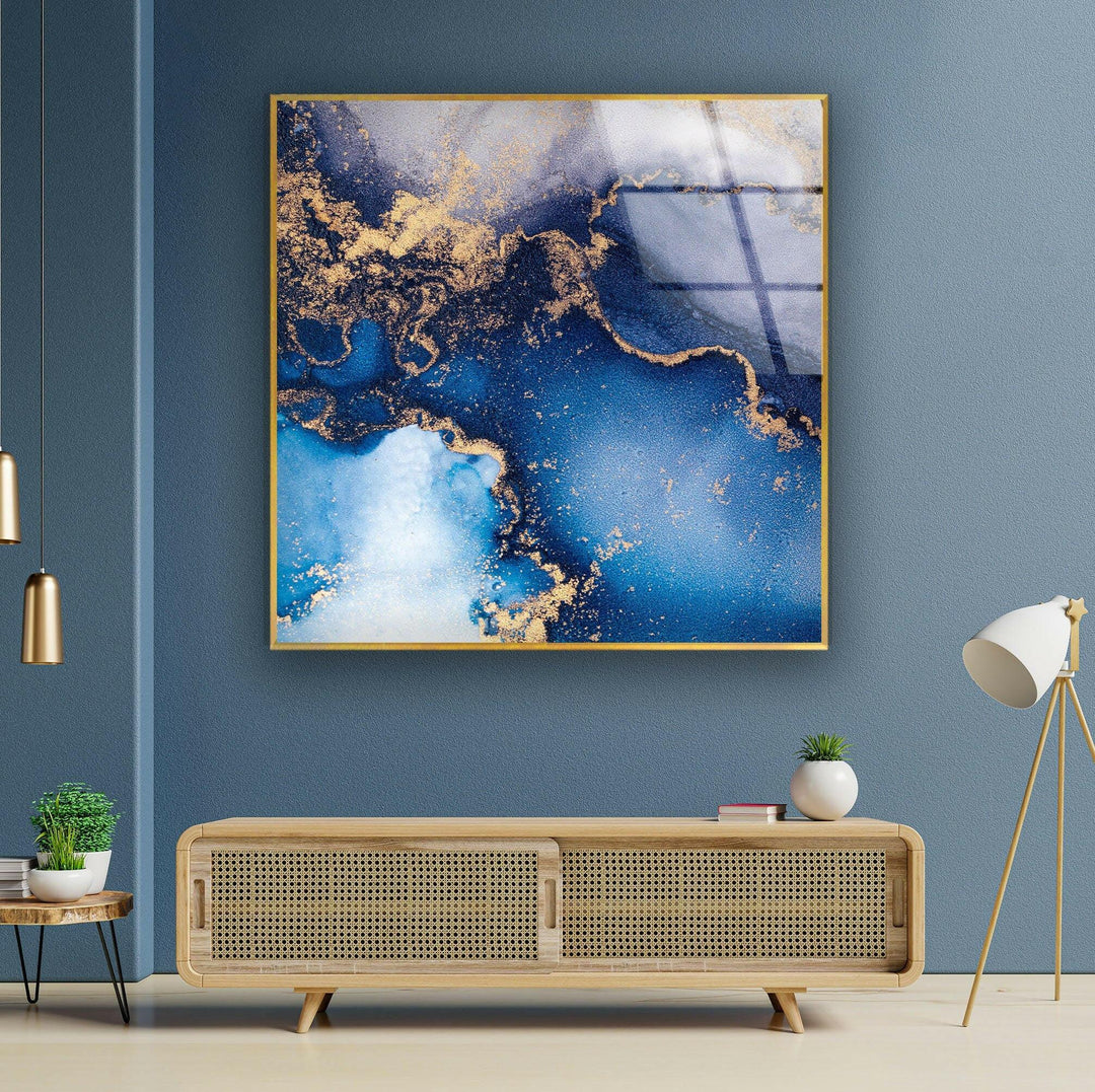 Blue and Gold Alcohol ink Glass Wall Art