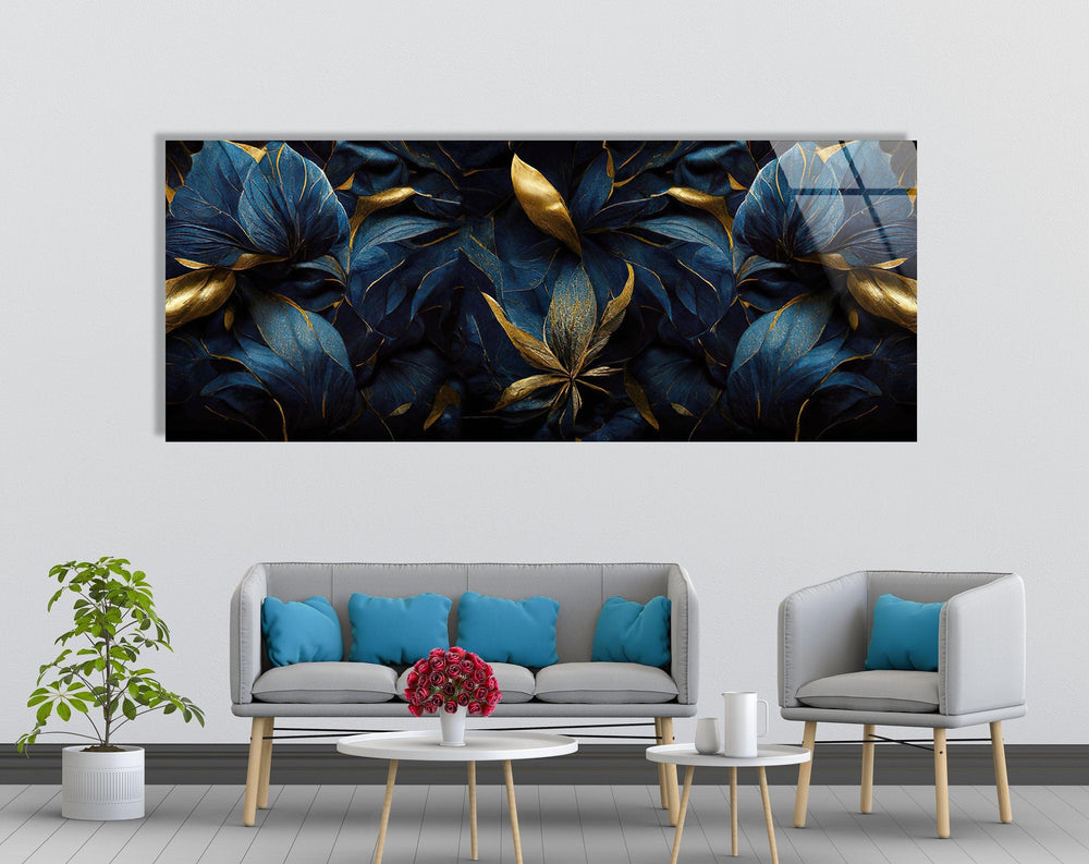 Luxurious Golden, Dark Blue Floral Glass Wall Art, print picture on glass, Tempered Glass Wall Art