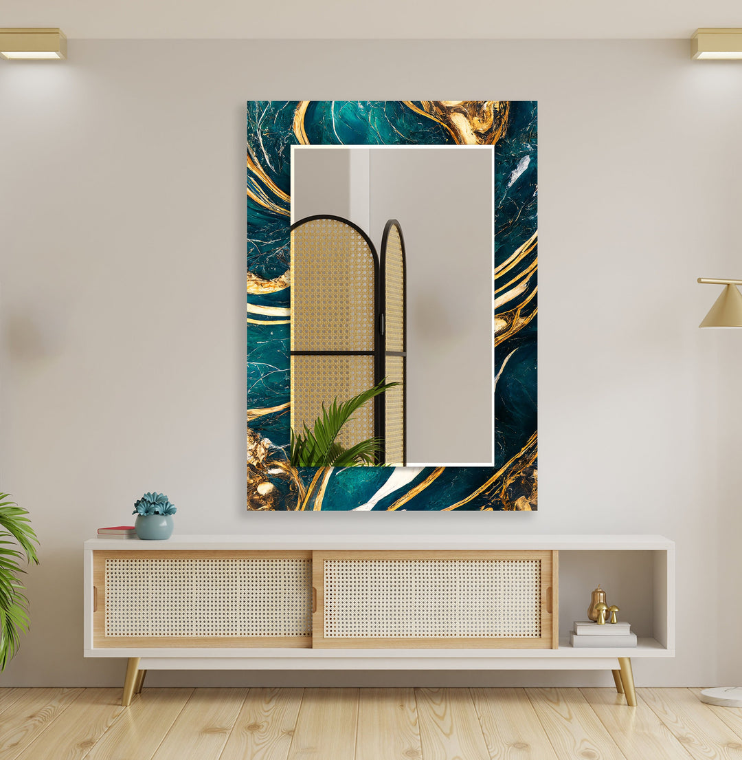 Dark Green Golden Details Wall Mirror Rectangle Wall Mirror
