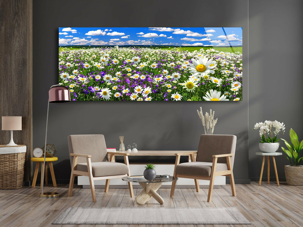 Spring Landscape, Blooming Daisy Glass Wall Art, glass pictures for Wall, glass prints wall art