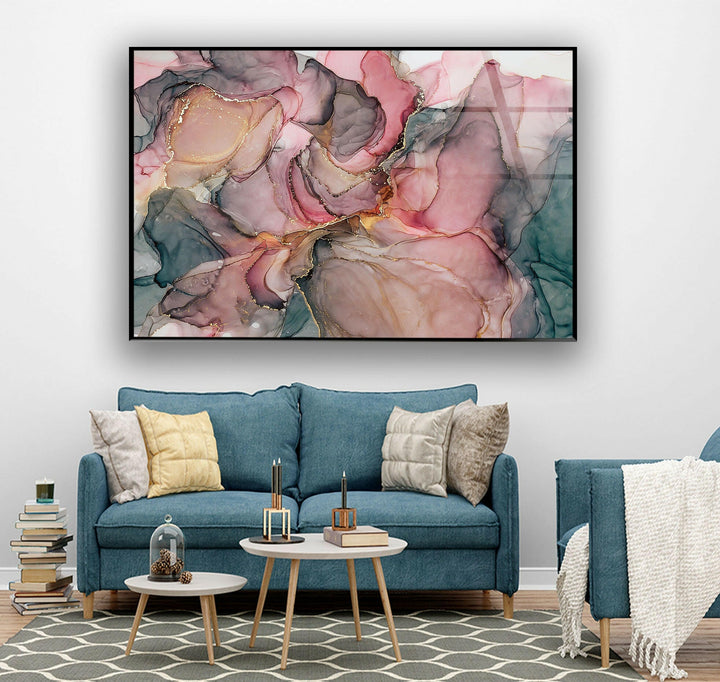 Pink Alcohol Ink Gray Marble Glass Wall Art