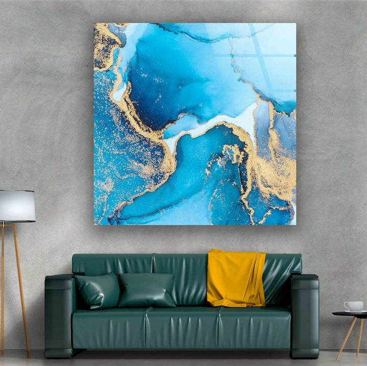 Marble Gold Blue Abstract Glass Wall Art custom glass pictures, glass art prints