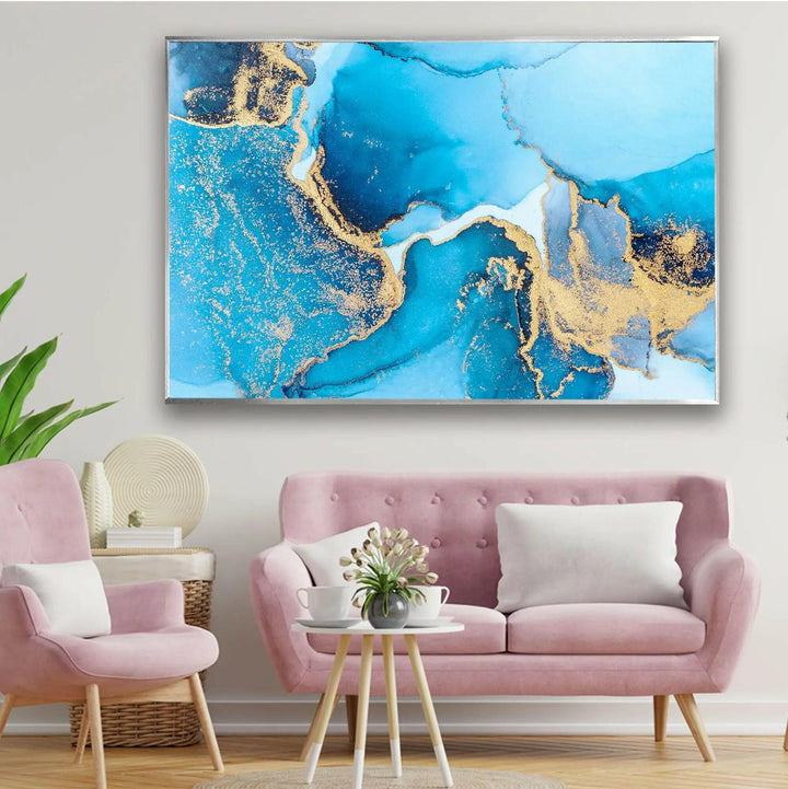 Marble Gold Blue Abstract Glass Wall Art large glass photo prints, glass wall photos