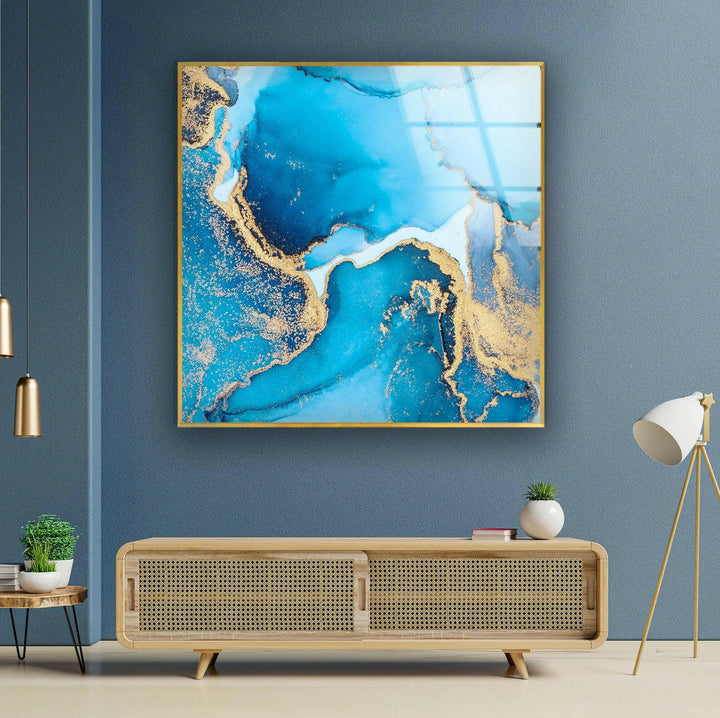 Marble Gold Blue Abstract Glass Wall Art photo print on glass, prints on glass wall art