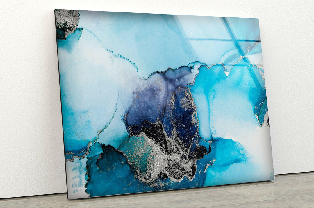 Blue with Silver Alcohol ink Glass Wall Art artdesigna