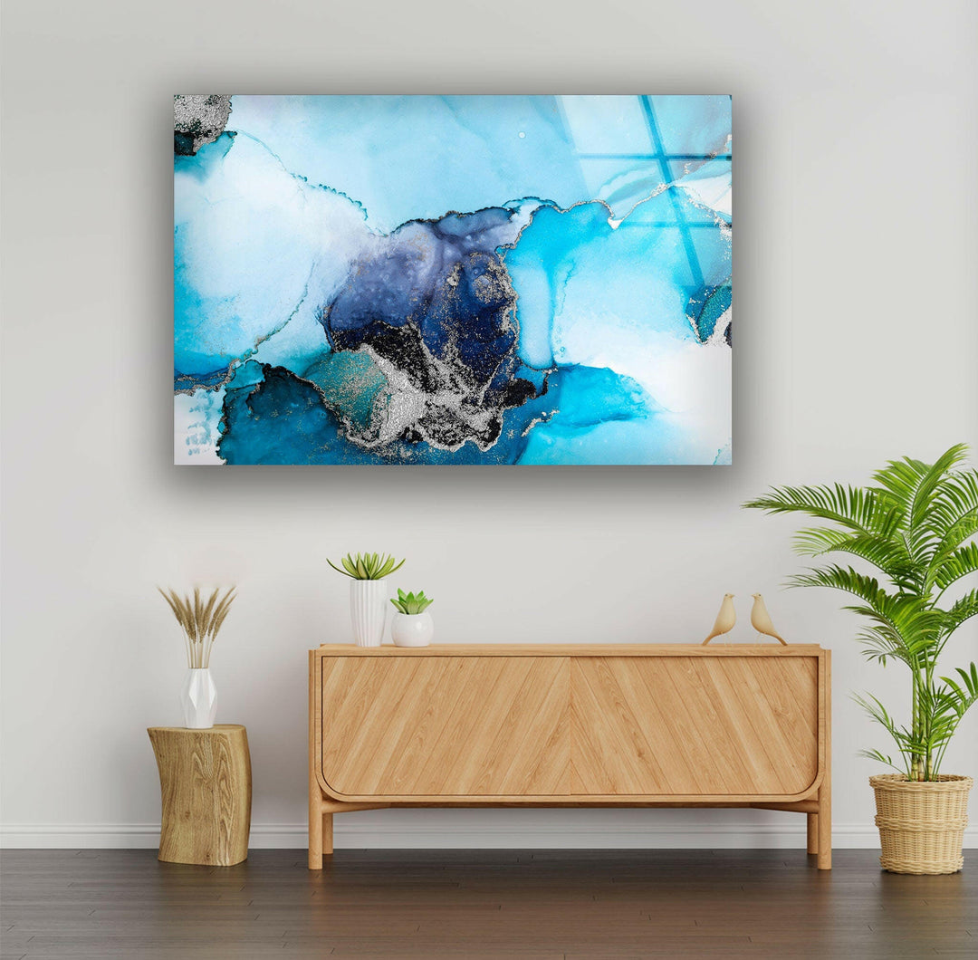 Blue with Silver Alcohol ink Glass Wall Art