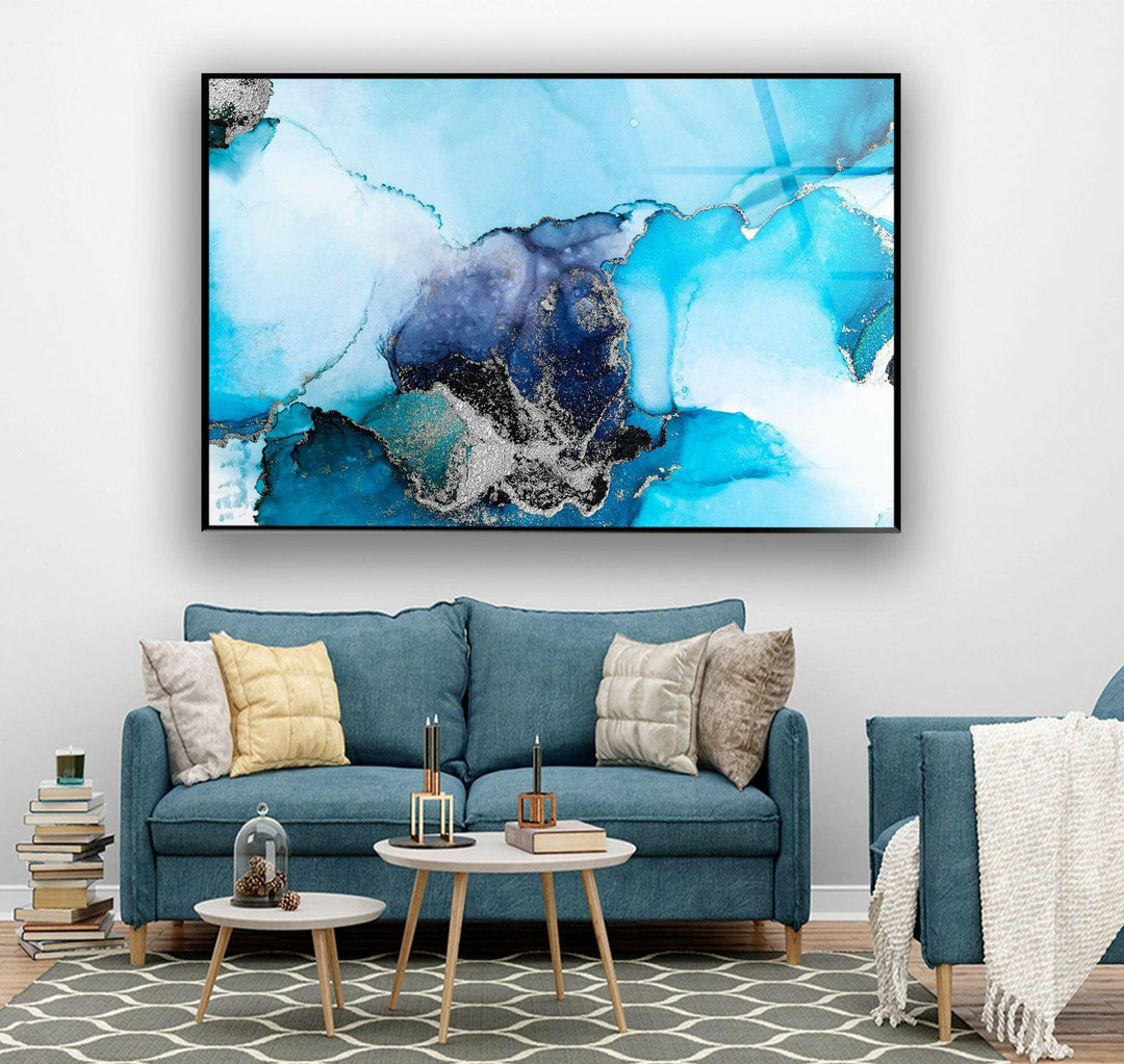 Blue with Silver Alcohol ink Glass Wall Art