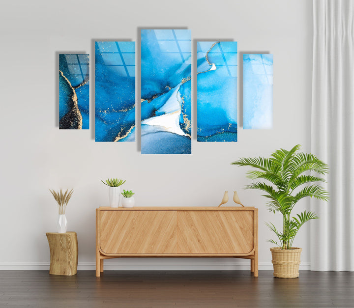 Blue Marbled Alcohol Ink Abstract Glass Wall Art, glass photo prints, glass picture prints