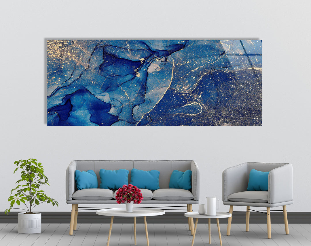 Dark Blue With Gold Shimmer Alcohol Ink Glass Wall Art, photo print on glass, prints on glass wall art