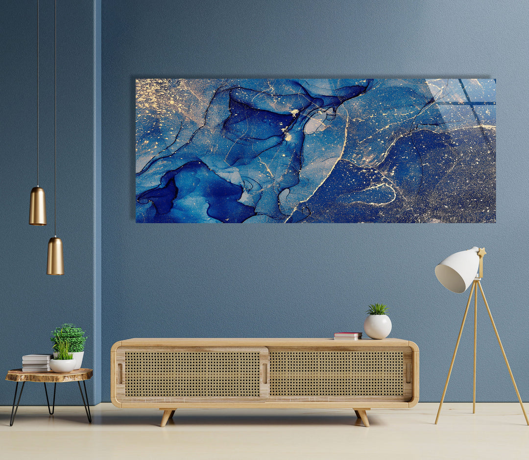 Dark Blue With Gold Shimmer Alcohol Ink Glass Wall Art, picture on glass wall art, photos printed on glass