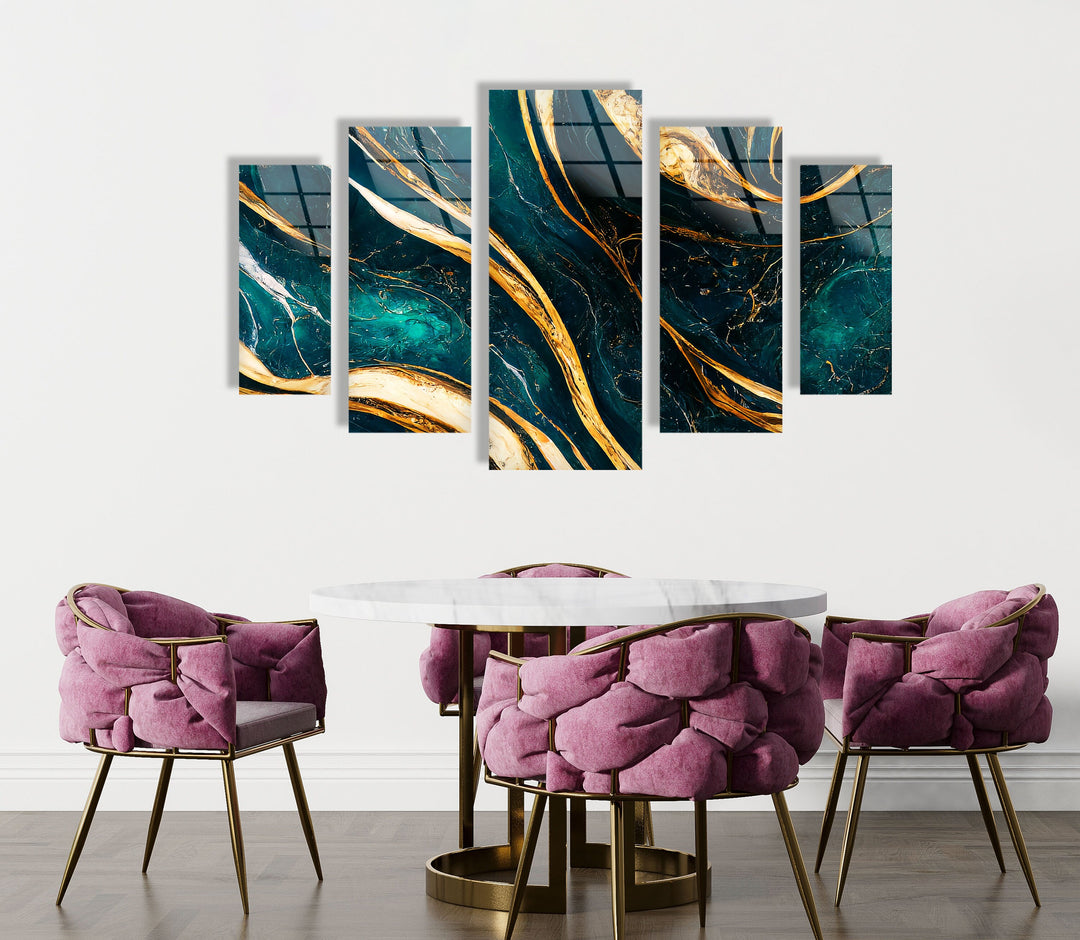 Green, Turquoise With Gold Marble Abstract Glass Wall Art, Glass Printing Wall Art, Print photos on glass