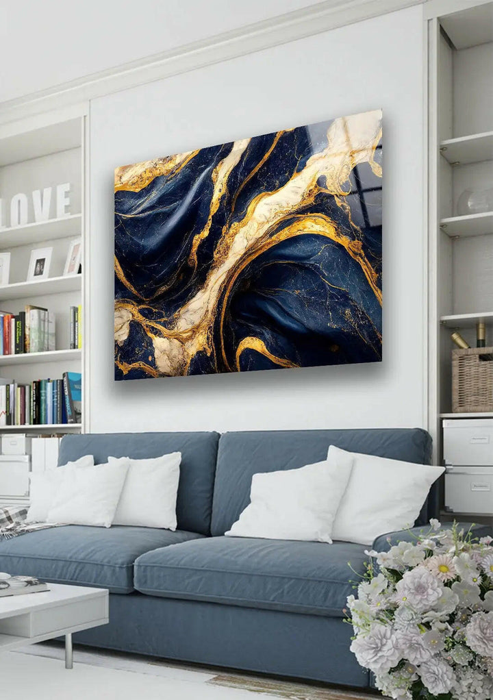 Abstract Marble Dark Blue and Gold Glass Wall Art