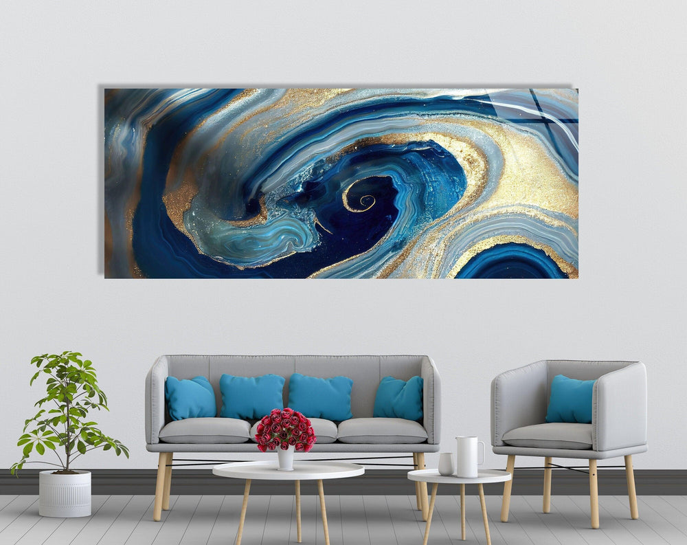 Swirl Of Blue Gold Marble Abstract Glass Wall Art, custom glass pictures, glass art prints