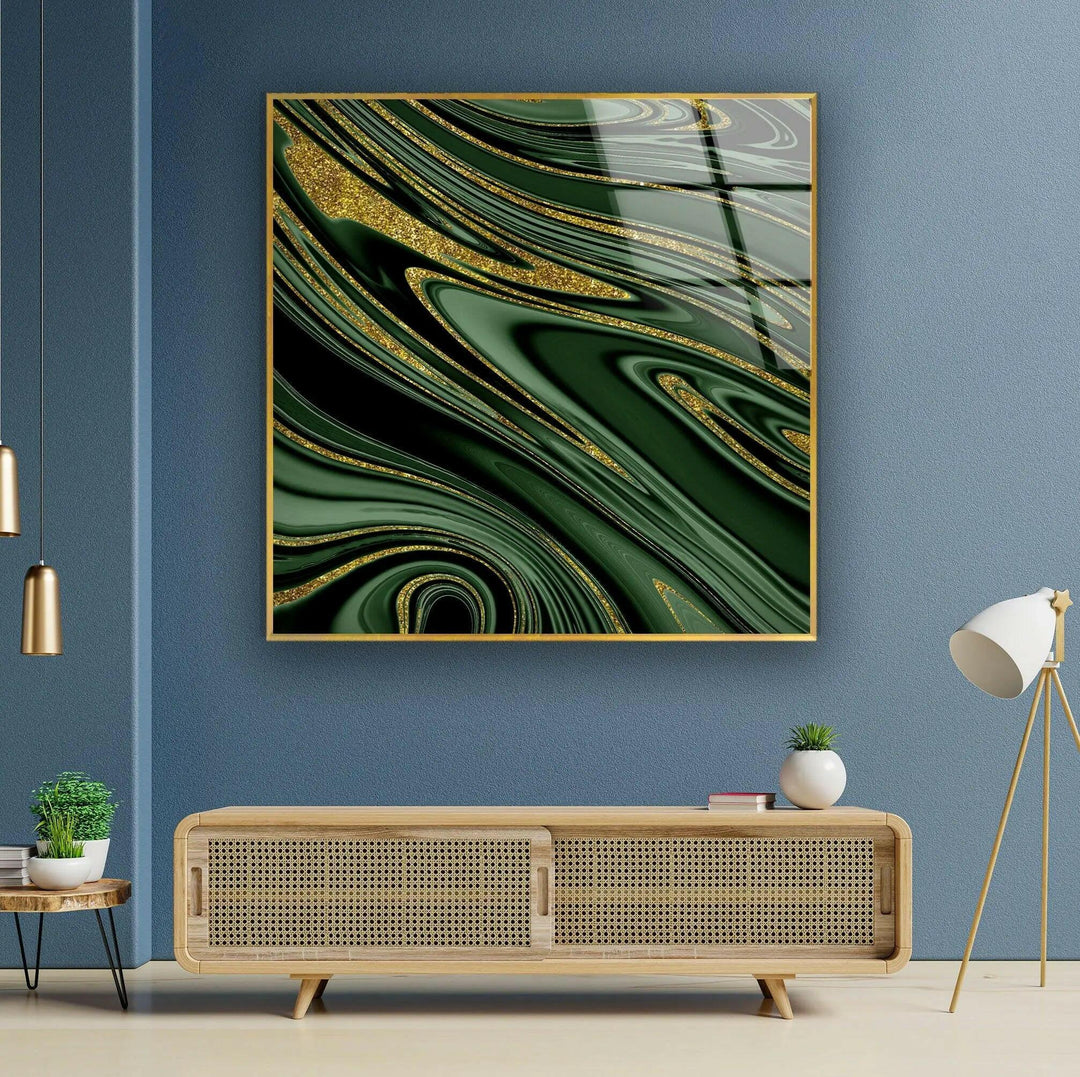 Golden Black Green Marble Abstract Glass Wall Art