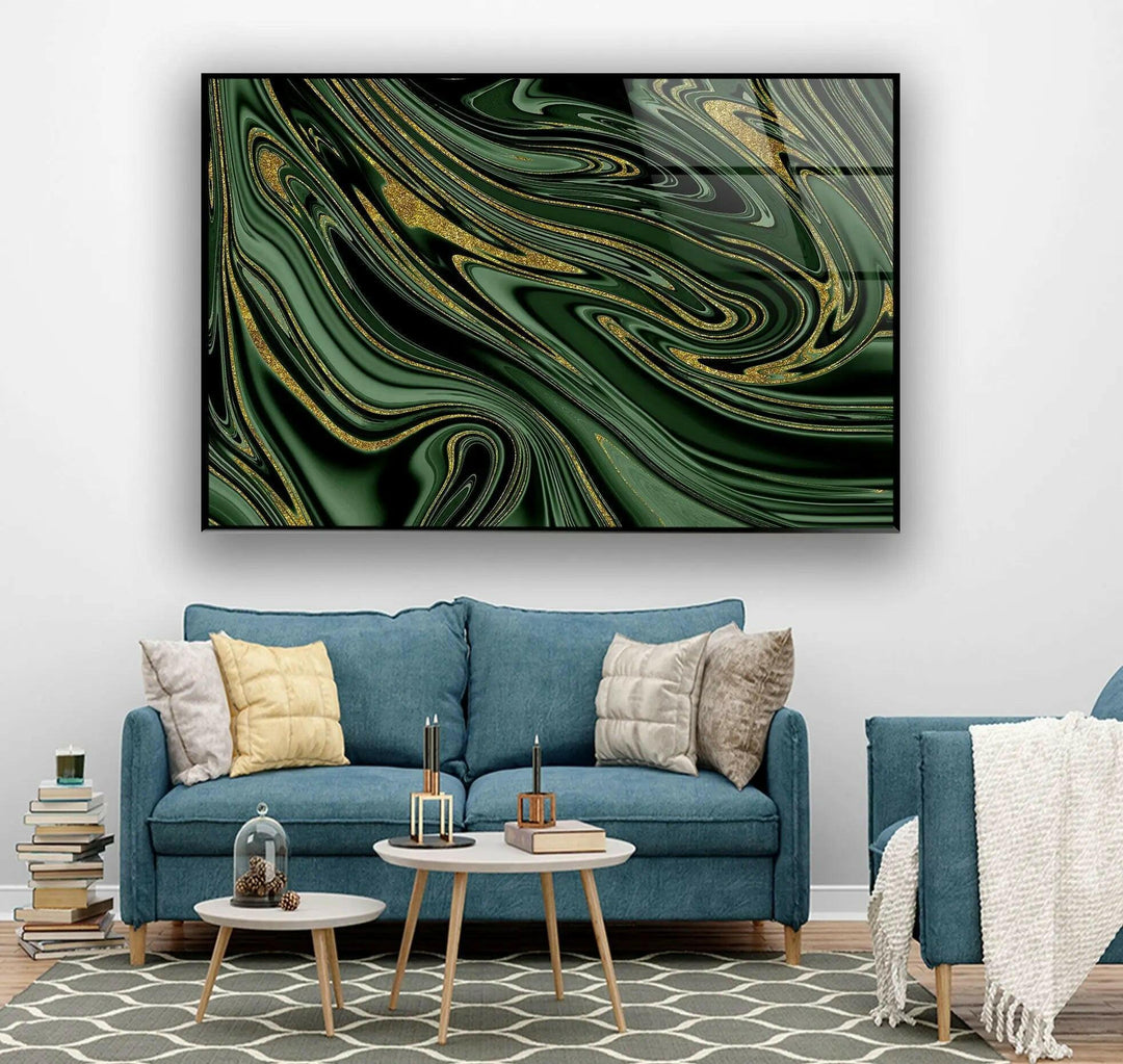 Golden Black Green Marble Abstract Glass Wall Art