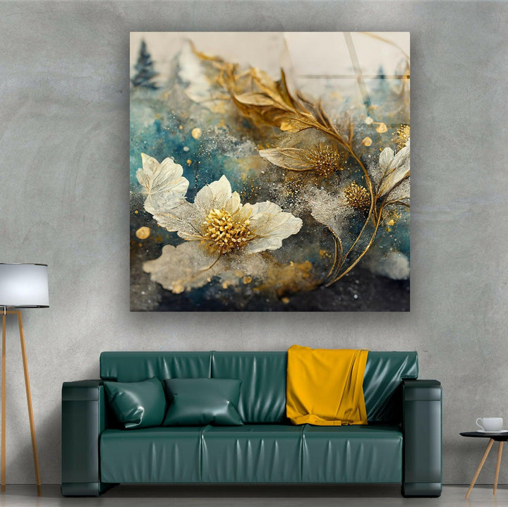 Elegant Golden Sheen Flower Glass Wall Art, picture on glass wall art, photos printed on glass