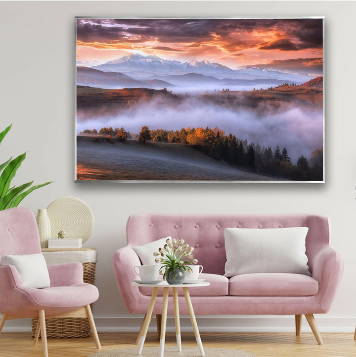 Foggy Sunrise Mountain Glass Wall Art custom glass pictures, glass art prints