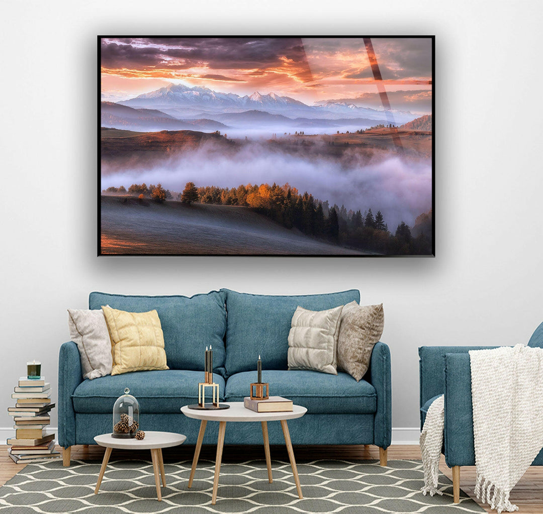 Foggy Sunrise Mountain Glass Wall Art Glass Printing Wall Art, Print photos on glass