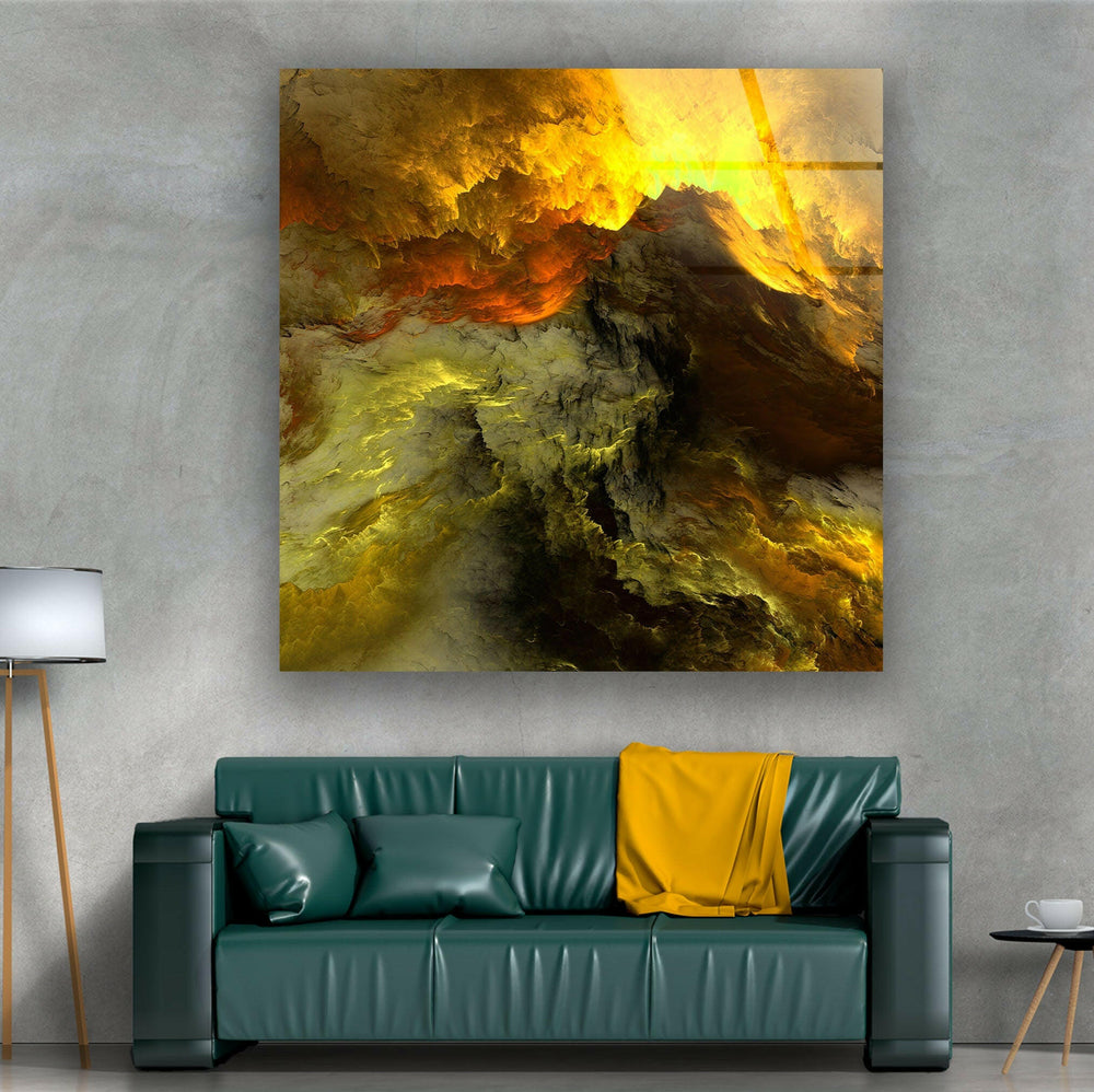 Grey Yellow Clouds Elegant Large Abstract Glass Wall Art