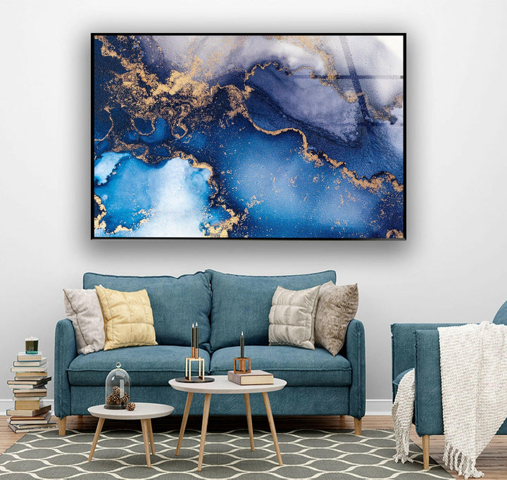 Blue and Gold Alcohol ink Glass Wall Art