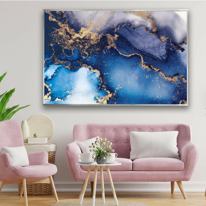 Blue and Gold Alcohol ink Glass Wall Art