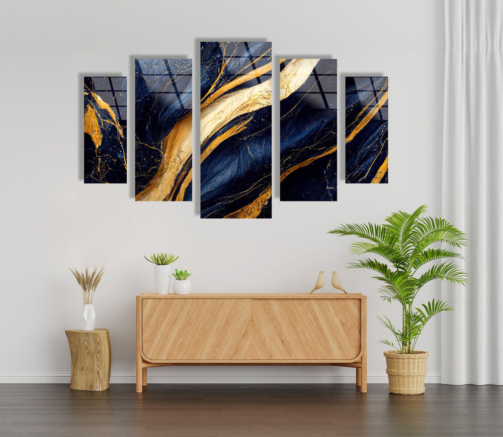 Navy Blue With Golden Veins Marble Glass Wall Art, art glass wall art, glass wall art pictures