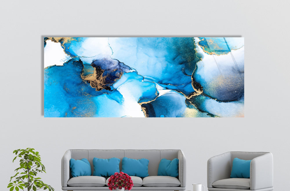 Luxury Blue, White Fluid Art Abstract Glass Wall Art, glass pictures for Wall, glass prints wall art