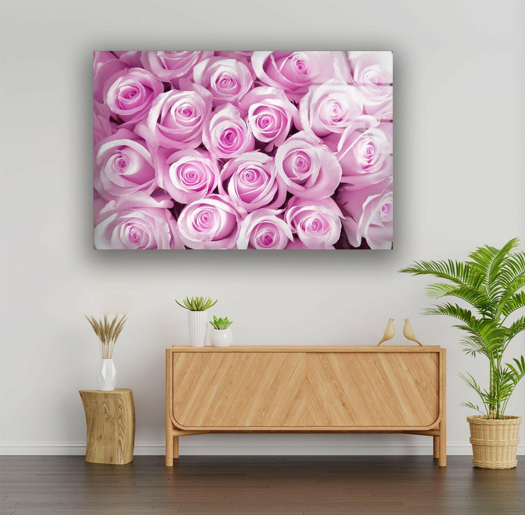 Pink Bud Roses Glass Wall Art, custom glass photo prints, large glass prints
