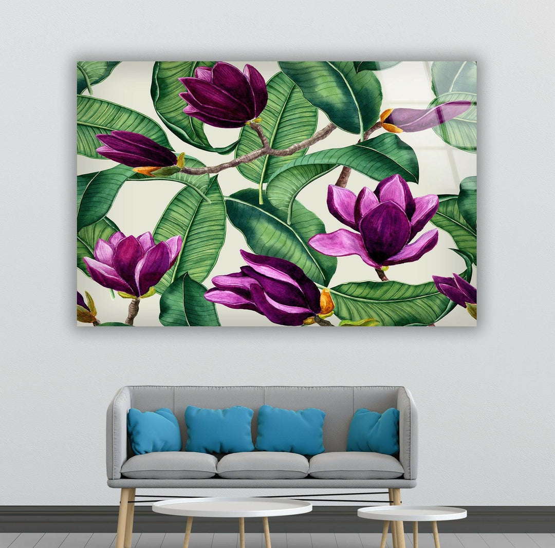 Watercolor Purple Magnolia Flower Glass Wall Art, photo print on glass, prints on glass wall art
