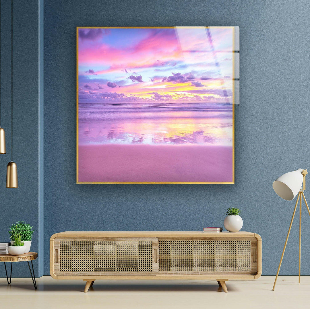 Pink Sky Ocean Glass Wall Art print on glass, glass printed photos