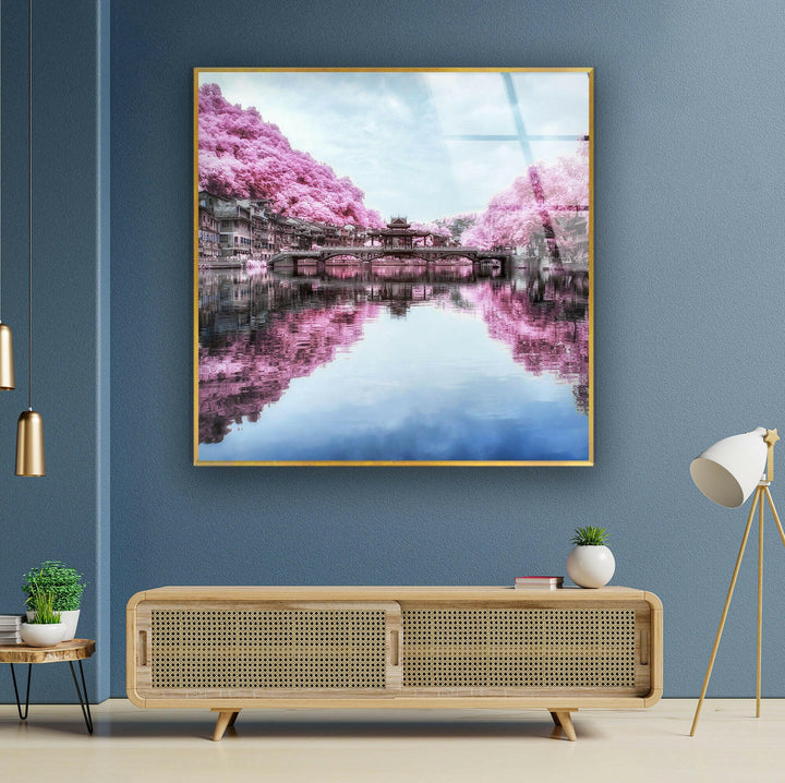 Japanese Trees on Lake Glass Wall Art glass art painting, glass art for the Wall