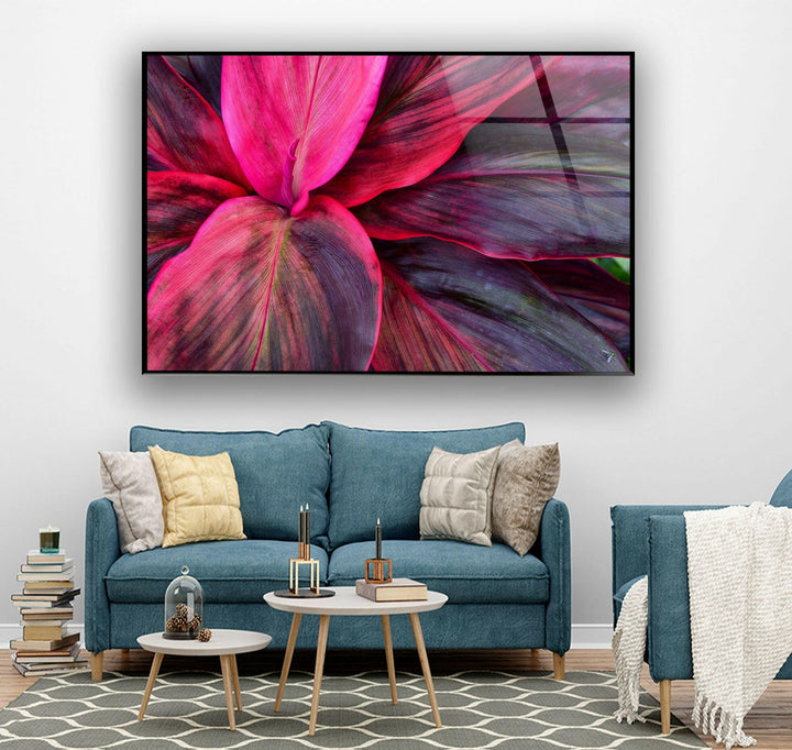 Pink Botanical Leaves Glass Wall Art, large glass photo prints, glass wall photos