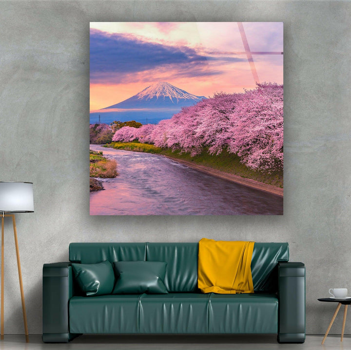 Spring Fuji Mountain Glass Wall Art glass pictures for Wall, glass prints wall art