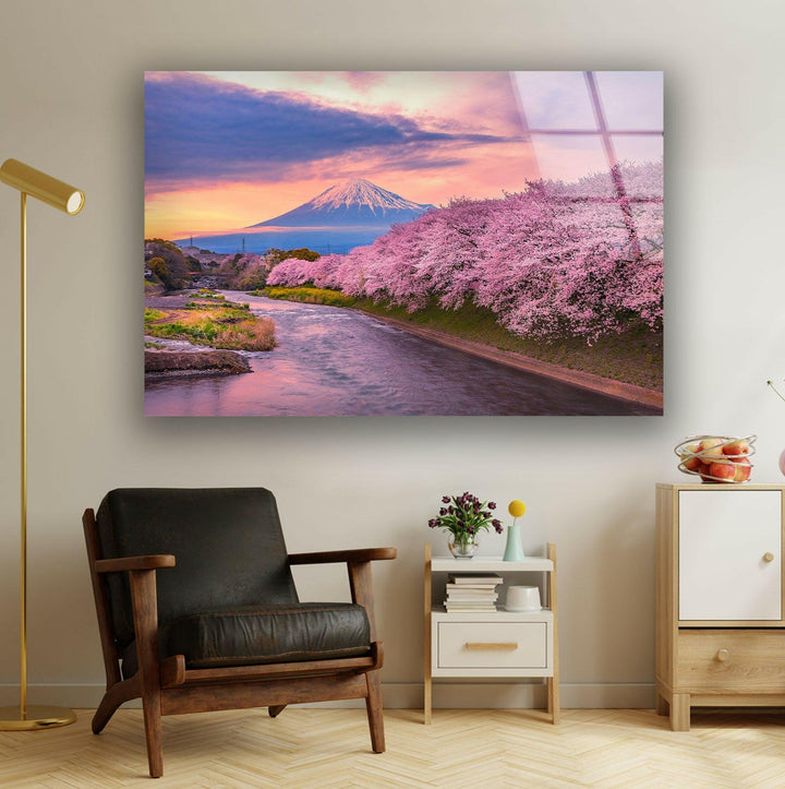 Spring Fuji Mountain Glass Wall Art photo print on glass, prints on glass wall art