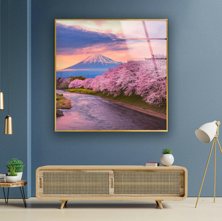 Spring Fuji Mountain Glass Wall Art custom glass pictures, glass art prints