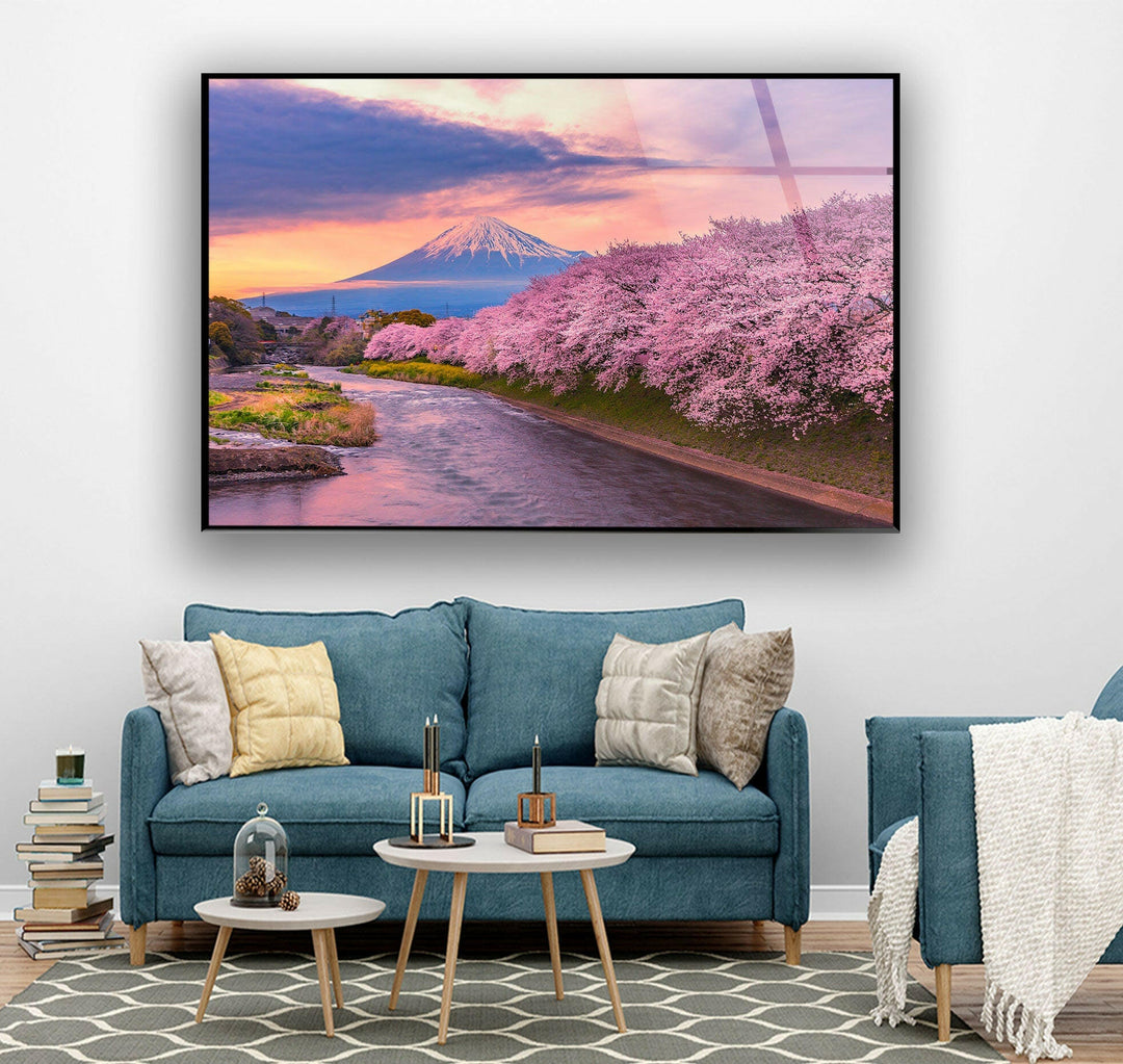 Spring Fuji Mountain Glass Wall Art custom glass photo prints, large glass prints