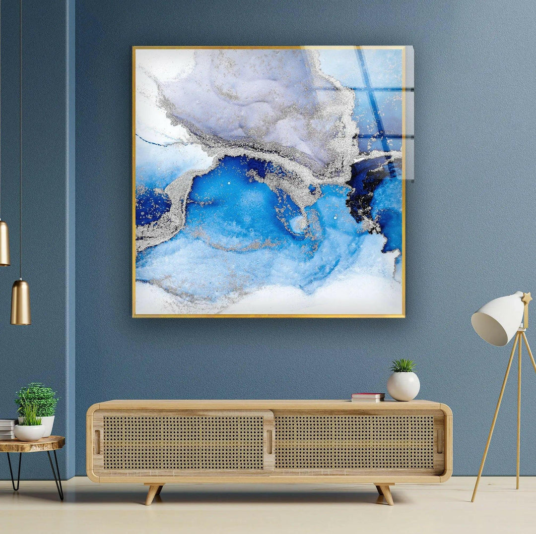 Blue and Silver Abstract Glass Wall Art Glass Printing Wall Art, Print photos on glass