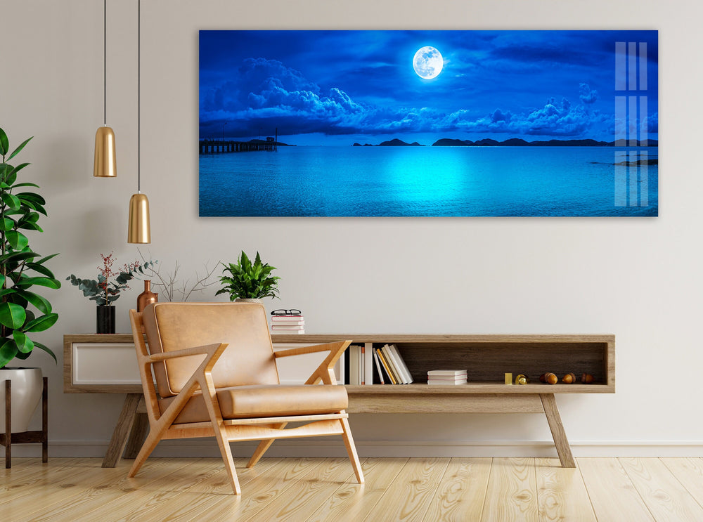 Blue Full Moon & Sea Landscape Glass Wall Art, print on glass, glass printed photos