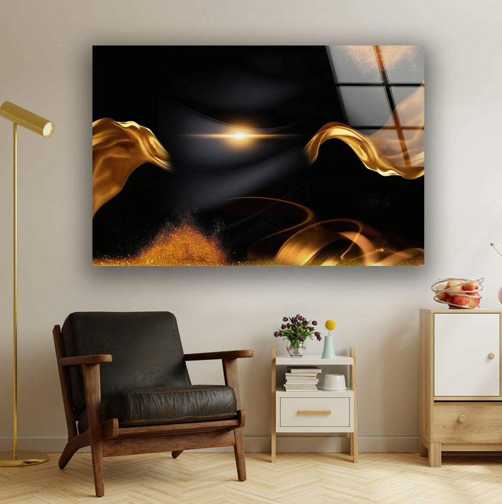 Gold Waves on Black Abstract Glass Wall Art, Print On Glass, Glass Art Prints