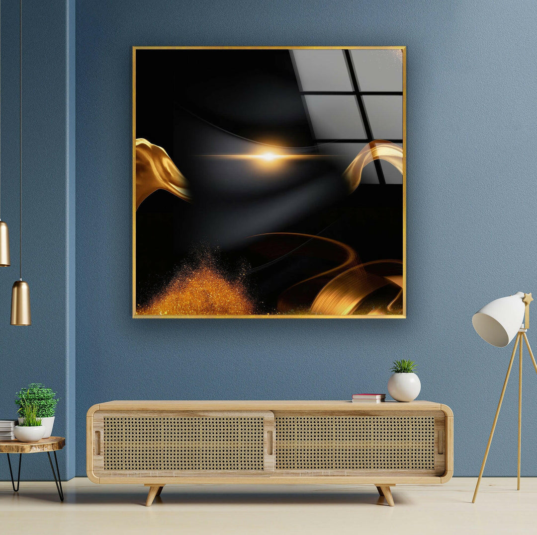 Gold Waves on Black Abstract Glass Wall Art, print on glass, glass printed photos