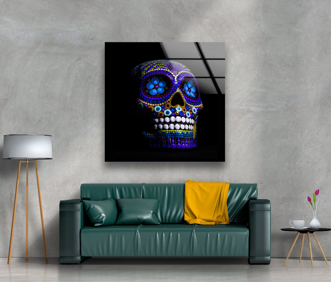 Blue Mexican Skull Glass Wall Art