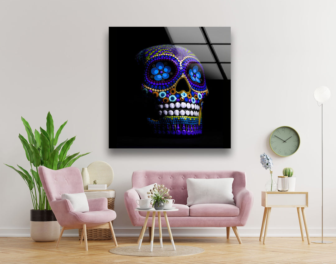 Blue Mexican Skull Glass Wall Art