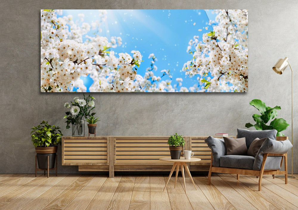 Spring White Blossom Tree Glass Wall Art, print picture on glass, Tempered Glass Wall Art