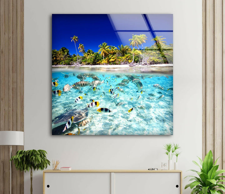 Tropical Fish & Palm Trees Glass Wall Art