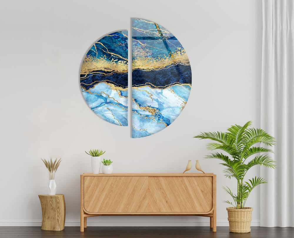 2 Piece Blue and Gold Abstract Glass Wall Art art glass wall art, glass wall art pictures
