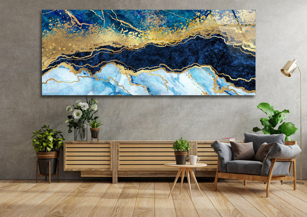 Blue, Gold Marble Abstract Glass Wall Art, custom glass photo prints, large glass prints